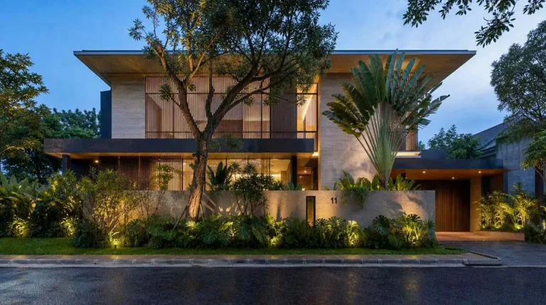 Fasad mewah desain rumah modern tropis terbaik di Jabodetabek rancangan Karya Sketsa Arsitek
