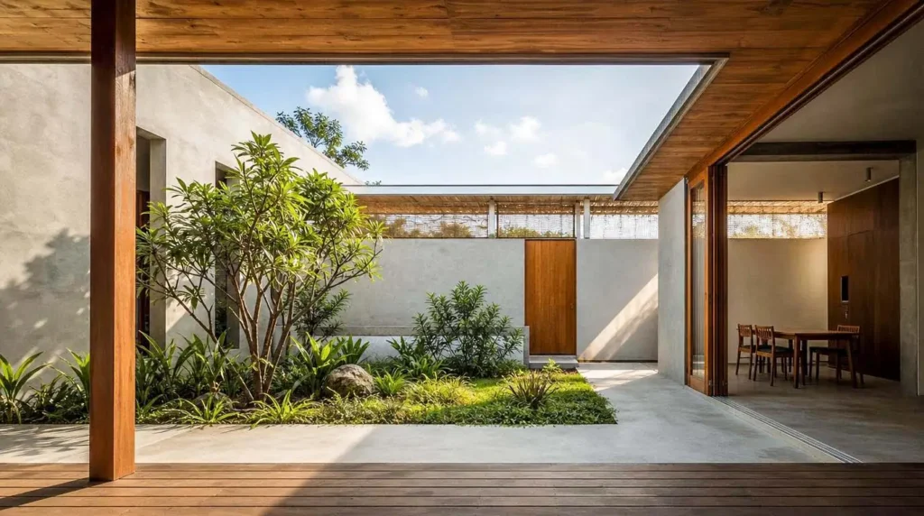 Inspirasi desain inner court atau taman dalam rumah modern tropis yang asri untuk sirkulasi udara alami